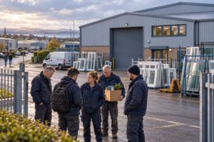 Illustration of Andrew Wright Windows factory workers in Irvine discussing the closure outside the site.