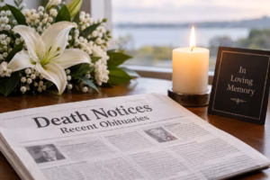 Newspaper displaying recent death notices and obituaries beside white lilies, a glowing candle, and a memorial card.