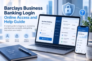 Barclays business banking login guide shown on a laptop and phone with security and support symbols.