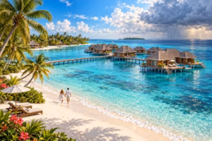 Maldives island resort with overwater villas, turquoise sea, sunny skies, and distant rain clouds.