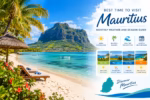 Mauritius beach with turquoise waters, palm trees and Le Morne Brabant, alongside a monthly weather guide.