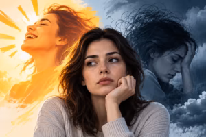 Woman shown in energetic, reflective, and low moods in an illustration of bipolar disorder symptoms.