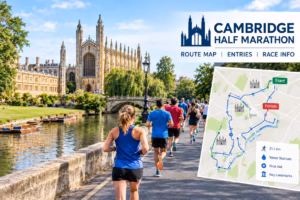 Runners race beside Cambridge’s historic university buildings, with a half marathon route map and race details.
