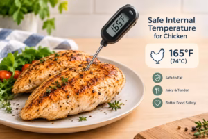 Roasted chicken breasts with a thermometer reading 165°F, the safe internal temperature for poultry.