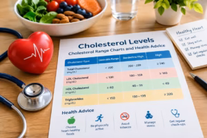 Cholesterol range chart with a heart model, stethoscope, healthy foods, and heart health advice on a table.