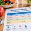 Cholesterol range chart with a heart model, stethoscope, healthy foods, and heart health advice on a table.
