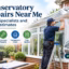 A conservatory repair specialist fixing a glass roof, with tools and graphics highlighting local services and costs.