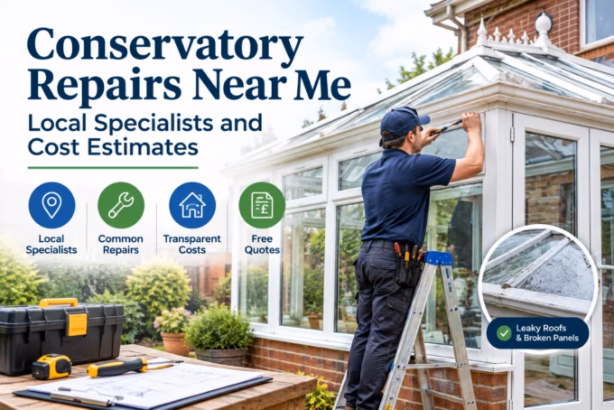 A conservatory repair specialist fixing a glass roof, with tools and graphics highlighting local services and costs.