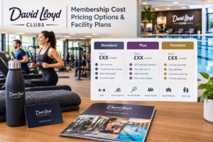 David Lloyd gym membership pricing display featuring fitness facilities, swimming pool, workout equipment, and plans.