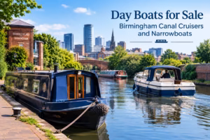 Narrowboats and a day cruiser on Birmingham's canal, showcasing boats for sale against the city skyline.