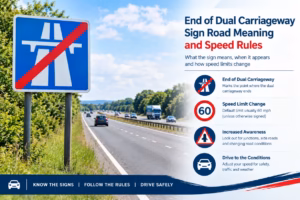 UK road sign marking the end of a dual carriageway, with traffic and guidance on speed limits and safety.