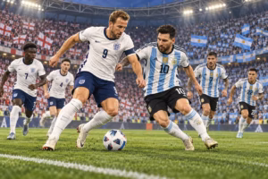 England and Argentina football players compete for the ball during a match in a packed stadium.