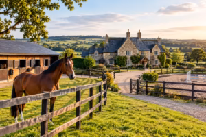 A bay horse stands beside a wooden fence at a countryside farmhouse with stables and green paddocks.