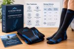 Everstride compression socks displayed with product packaging, folded pairs, key features, and a sizing chart.