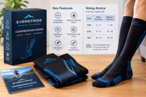 Everstride compression socks displayed with product packaging, folded pairs, key features, and a sizing chart.