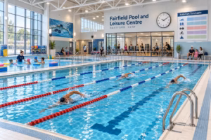 Swimmers at Fairfield Pool and Leisure Centre, with children's lessons and a timetable on display.