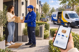 GLS courier hands a parcel to a customer as a phone displays tracking updates beside a delivery van.