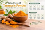 Golden turmeric powder in a wooden bowl with fresh roots, highlighting health benefits and common culinary uses.