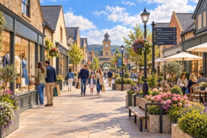 Illustration of Gretna Gateway Outlet Village with shoppers, retail stores, cafés, and walkways.