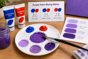 Red and blue paint mixed into purple shades on a palette, with color swatches and mixing ratios displayed.