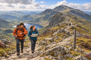 Two hikers check a map and watch while climbing a rocky trail toward Snowdon's summit in Wales.