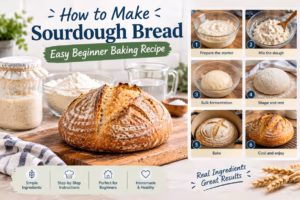 Golden sourdough loaf on a wooden board beside starter and six illustrated steps for beginner bread baking.