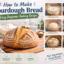 Golden sourdough loaf on a wooden board beside starter and six illustrated steps for beginner bread baking.