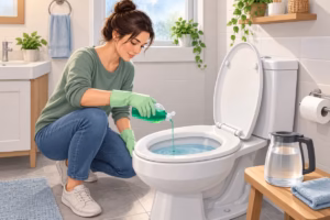A woman pours dish soap into a toilet bowl to clear a clog without a plunger using a home method.