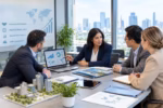 Investment advisors meet with business professionals to discuss growth opportunities, market research, and business support services.