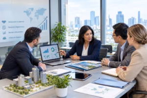 Investment advisors meet with business professionals to discuss growth opportunities, market research, and business support services.