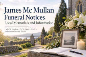 James Mc Mullan funeral notices with white lilies, a candle, and a remembrance book in a churchyard.