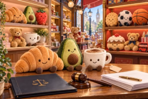 Jellycat-style plush toys displayed in a London toy shop with legal documents and a judge's gavel.