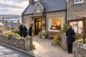 Visitors outside a Scottish funeral director's office with floral tributes and a family notice board.