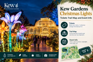 Kew Gardens Christmas Lights trail glows with colourful displays, illuminated Palm House, visitors and ticket guide.
