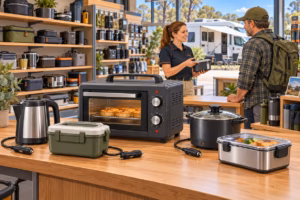 Portable 12V cooking appliances displayed in a camping store with a customer and campervan outside.