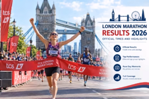 A runner breaks the London Marathon finish tape near Tower Bridge, with results and race highlights displayed.