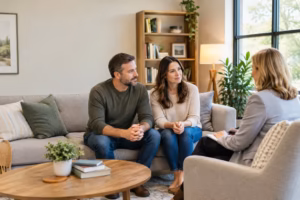 A married couple discusses relationship concerns with a counselor in a warm, welcoming therapy office.