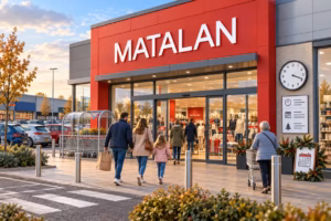 Matalan store entrance with shoppers, a wall clock, and store opening hours information displayed.