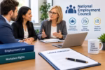 Professionals discuss labour agreements and workplace rights during a meeting about employment advice and guidance.