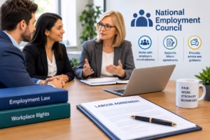 Professionals discuss labour agreements and workplace rights during a meeting about employment advice and guidance.