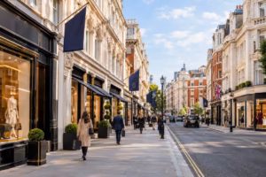 Luxury boutiques and elegant historic buildings line New Bond Street in Mayfair, London, on a sunny day.