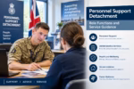 A military support officer advises a service member at a desk, illustrating personnel services and guidance.