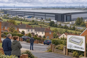 Illustration of a large Pilning warehouse overlooking nearby homes as concerned residents observe.