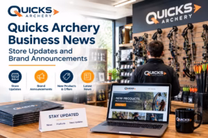 Quicks Archery store display featuring bows, arrows, branded merchandise, and business news and product updates.