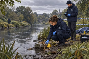 Animal welfare investigators examine a weighted stone and rope beside a river during an investigation.