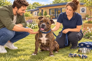A brindle Staffordshire Bull Terrier sits with a prospective adopter and volunteer at a rescue centre.