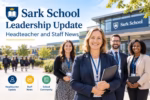 Sark School leadership update banner featuring the headteacher and staff outside the school building.