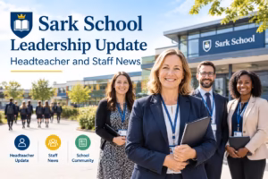Sark School leadership update banner featuring the headteacher and staff outside the school building.