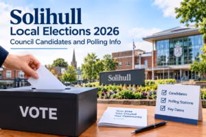 Solihull Local Elections 2026 banner featuring a ballot box, council building, candidate checklist and polling information.