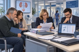 Investigators review urology patient records as concerned patients attend a hospital inquiry meeting.